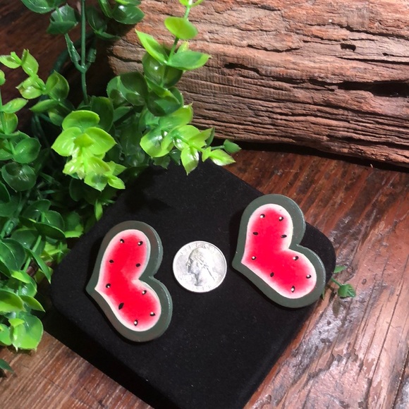 Heart Watermelon Pierced Wood Earrings - Picture 3 of 5